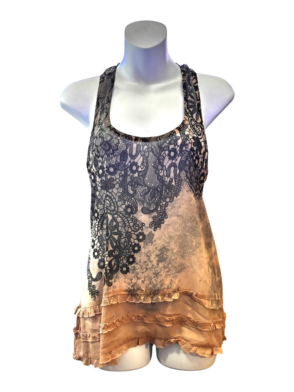 Y2K Grunge FANG Sleeveless Lace-Print Ruffle Hem Tank Top - Beige/Black
